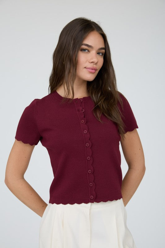Scalloped Short Sleeve Button Cardigan Top | Burgundy