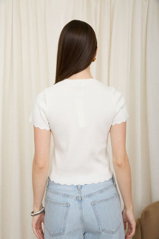 Scalloped Short Sleeve Button Cardigan Top | Ivory