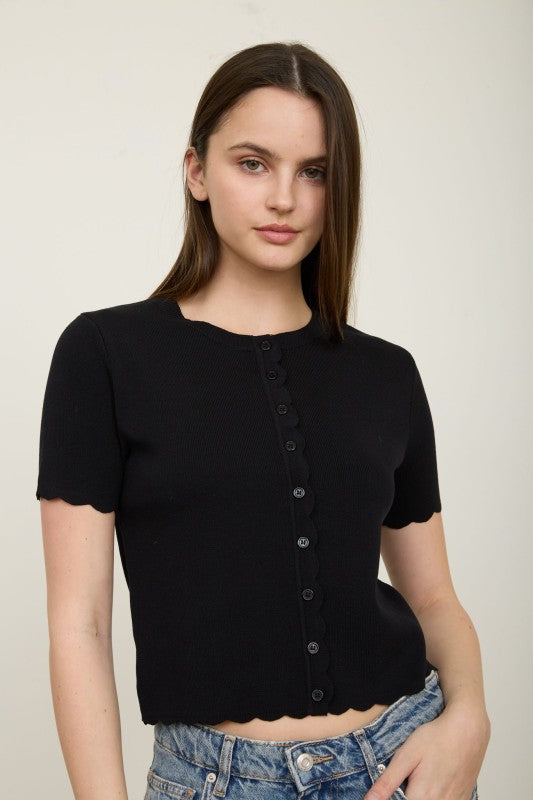 Scalloped Short Sleeve Button Cardigan Top | Black