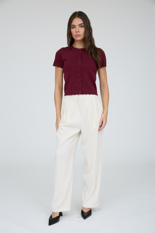 Scalloped Short Sleeve Button Cardigan Top | Burgundy