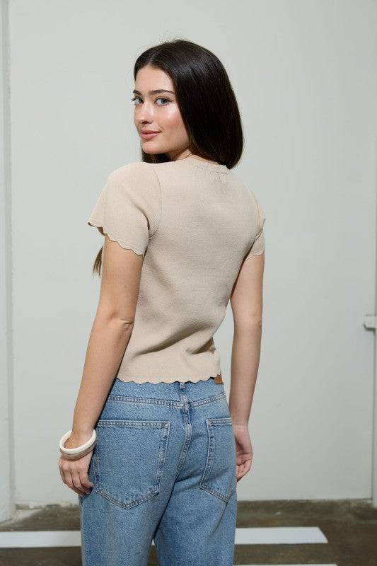 Scalloped Short Sleeve Button Cardigan Top | Khaki