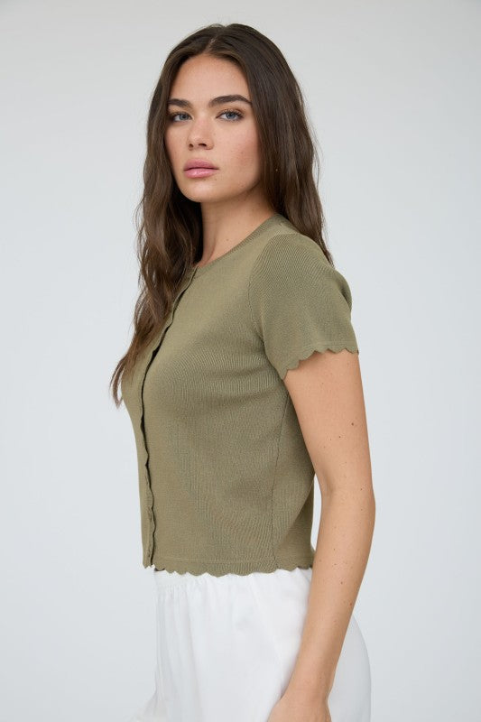 Scalloped Short Sleeve Button Cardigan Top | Olive