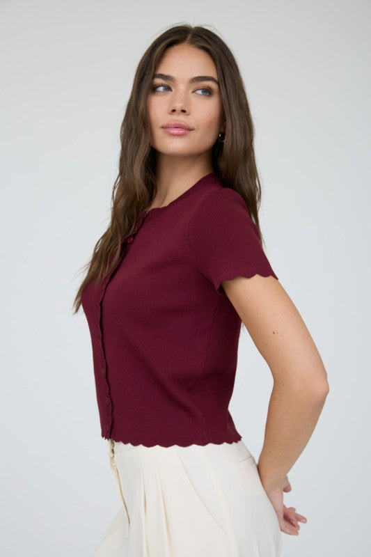Scalloped Short Sleeve Button Cardigan Top | Burgundy