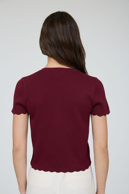 Scalloped Short Sleeve Button Cardigan Top | Burgundy
