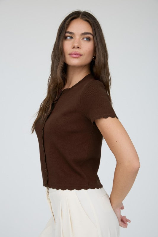 Scalloped Short Sleeve Button Cardigan Top | Brown