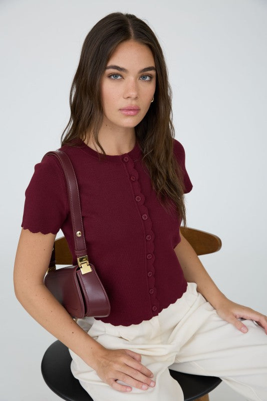 Scalloped Short Sleeve Button Cardigan Top | Burgundy