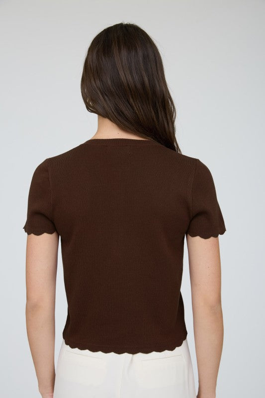Scalloped Short Sleeve Button Cardigan Top | Brown