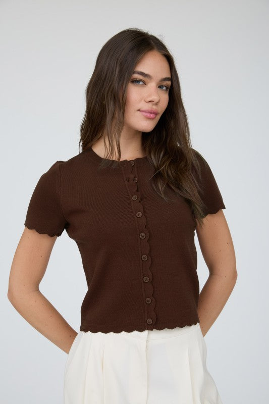 Scalloped Short Sleeve Button Cardigan Top | Brown