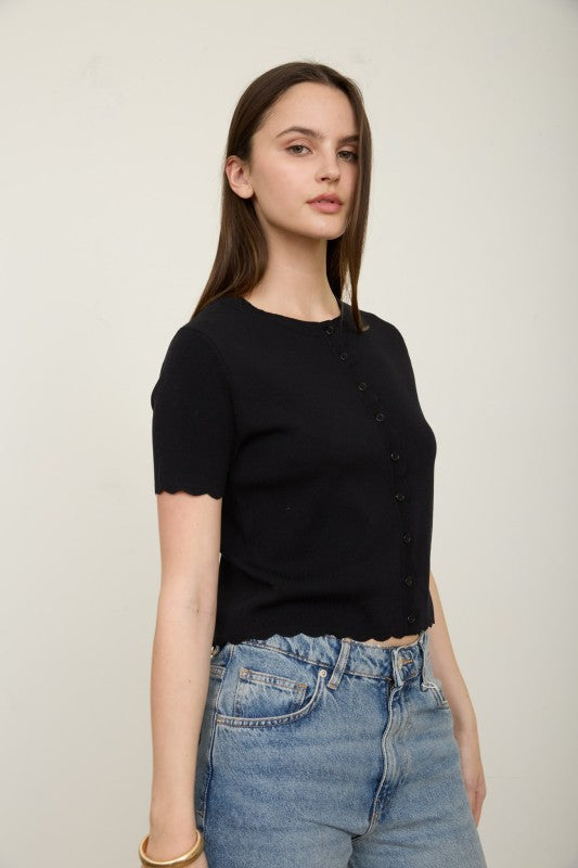 Scalloped Short Sleeve Button Cardigan Top | Black