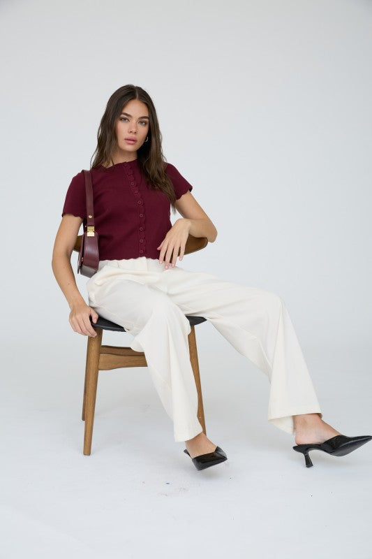 Scalloped Short Sleeve Button Cardigan Top | Burgundy
