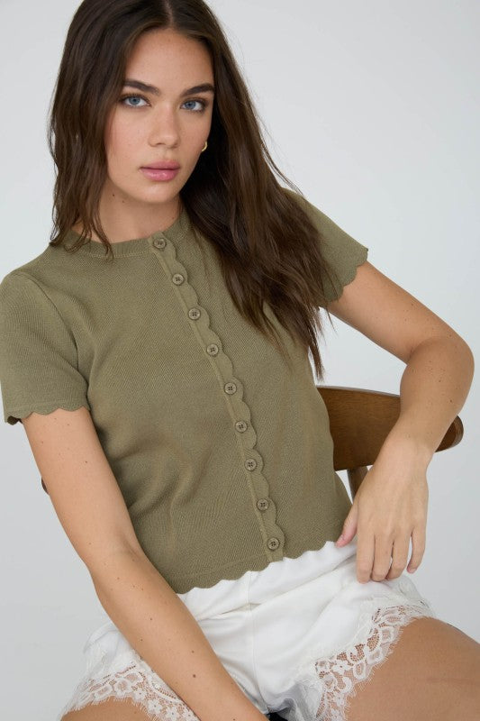 Scalloped Short Sleeve Button Cardigan Top | Olive