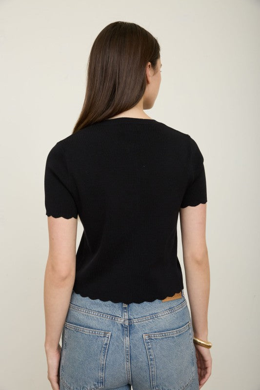 Scalloped Short Sleeve Button Cardigan Top | Black