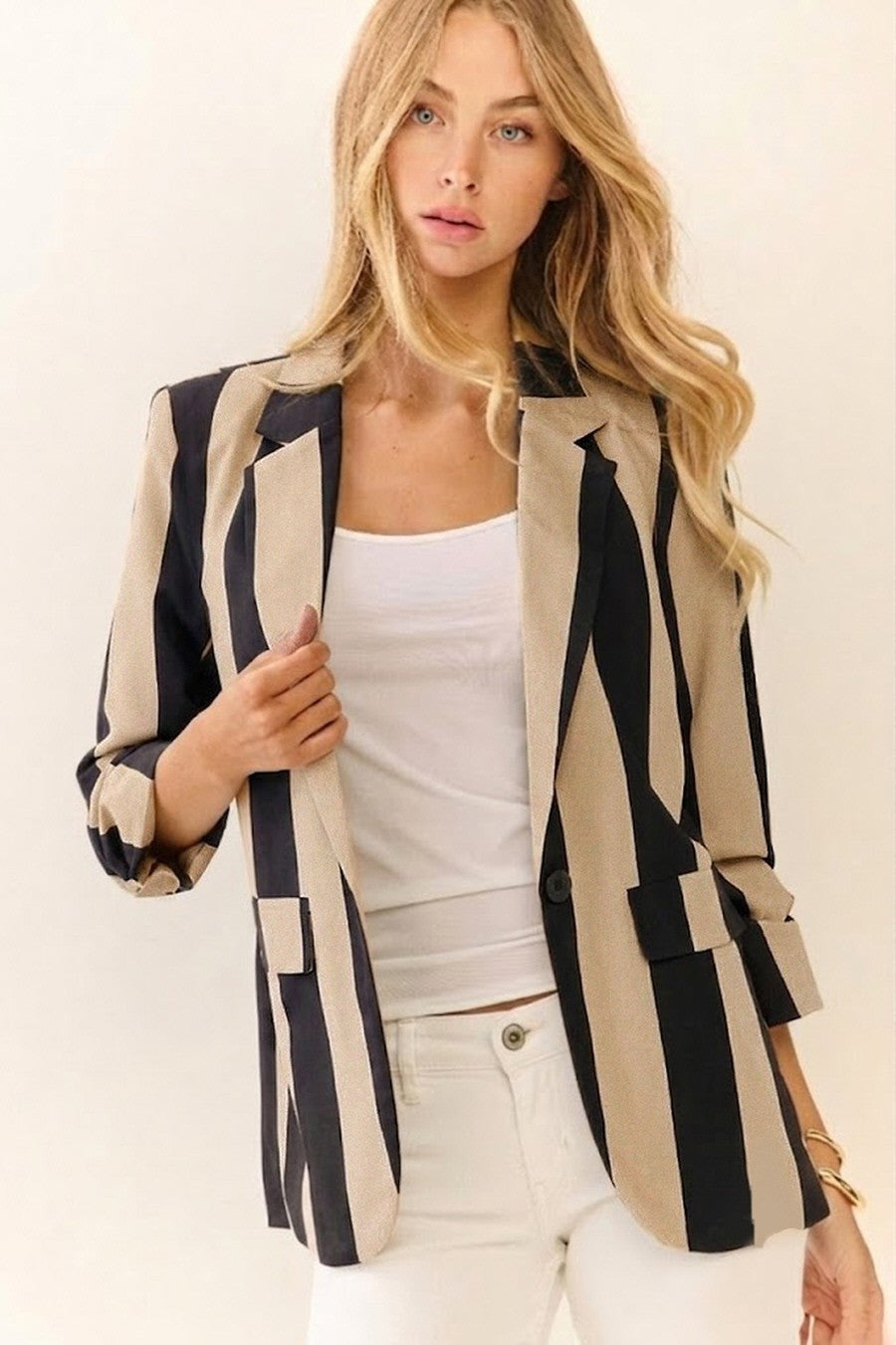 Stripe Ruched Sleeve Blazer | Black