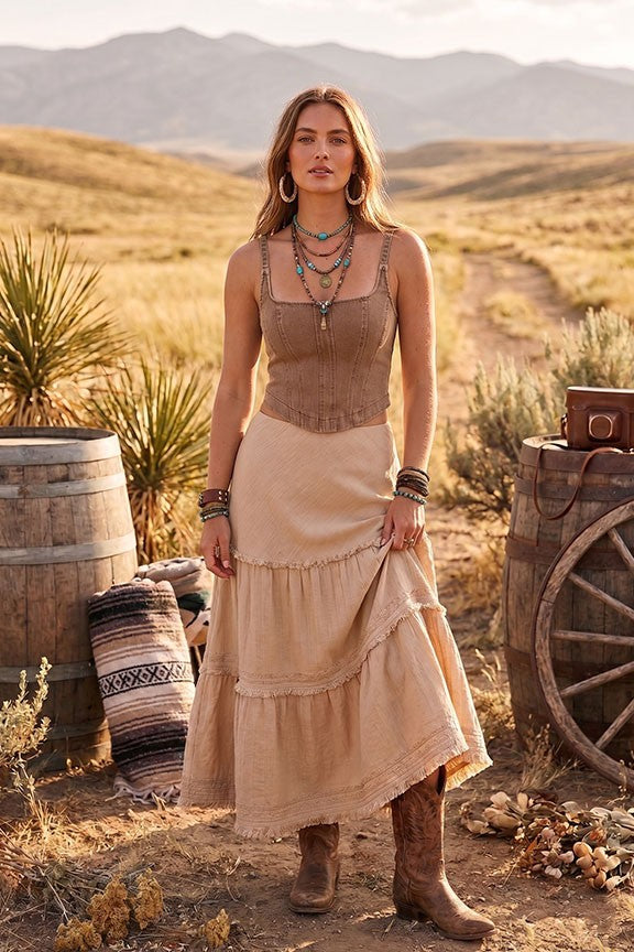 Stretchy Denim Corset Tank Top | Brown