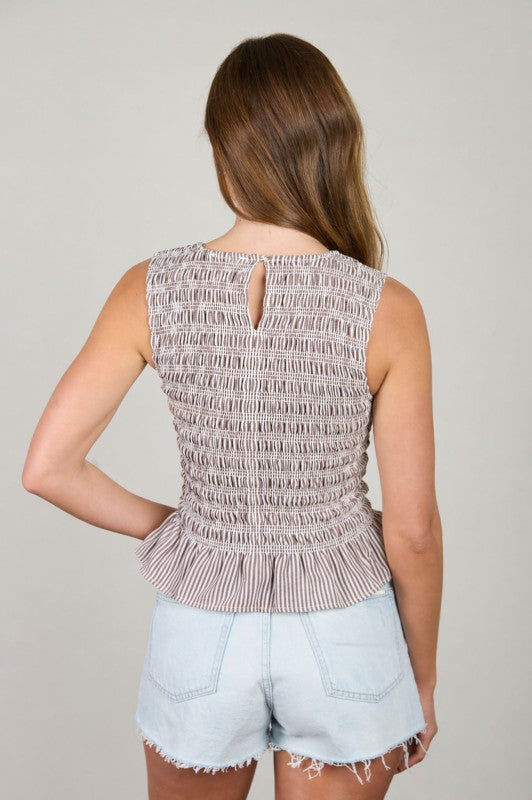 Striped Sleeveless Smocked Top | Light Khaki
