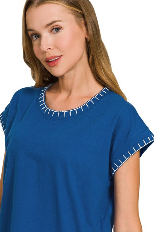 Stitch Detailed Relaxed Fit Top | Light Navy
