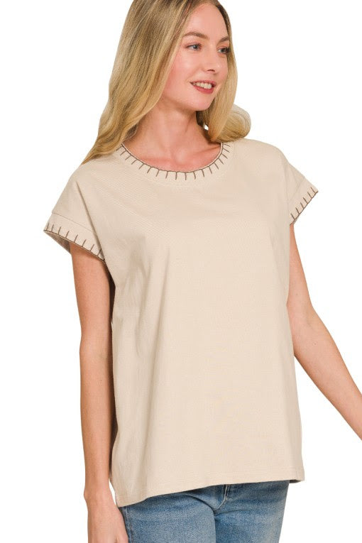 Stitch Detailed Relaxed Fit Top | Sand Beige