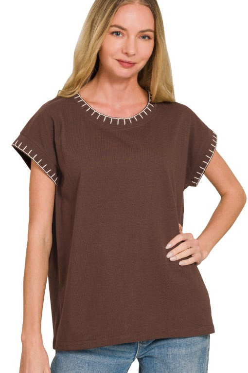 Stitch Detailed Relaxed Fit Top | Chocolate