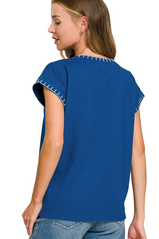 Stitch Detailed Relaxed Fit Top | Light Navy