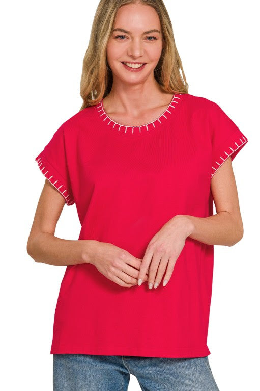 Stitch Detailed Relaxed Fit Top | Red