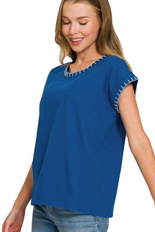 Stitch Detailed Relaxed Fit Top | Light Navy
