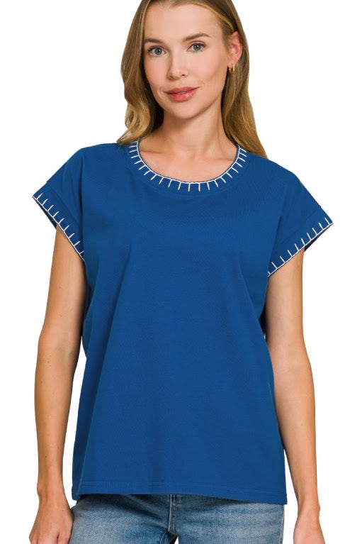 Stitch Detailed Relaxed Fit Top | Light Navy