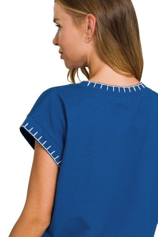 Stitch Detailed Relaxed Fit Top | Light Navy