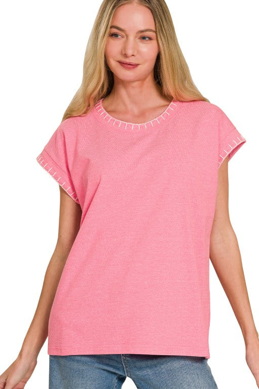 Stitch Detailed Relaxed Fit Top | Heather Fuchsia