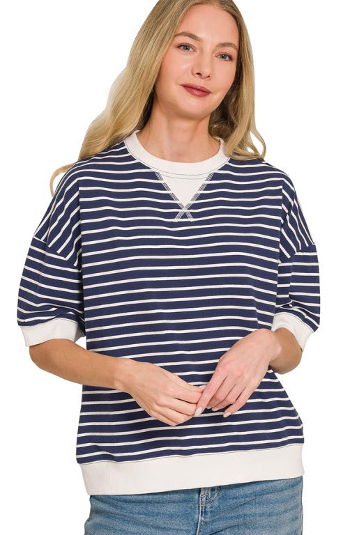 Striped Rib Banded Top | Navy
