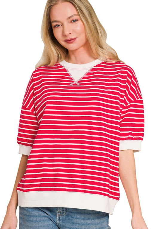 Striped Rib Banded Top | Red