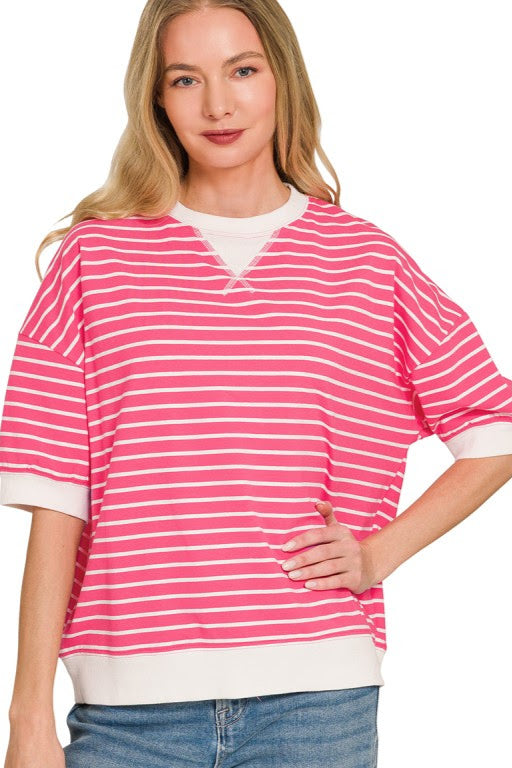 Striped Rib Banded Top | Fuchsia
