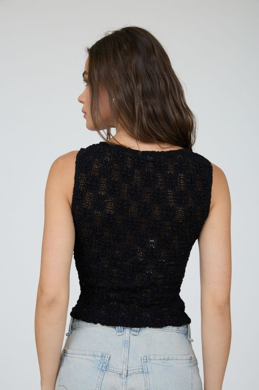 Sheer Floral Crochet Knit Top | Black