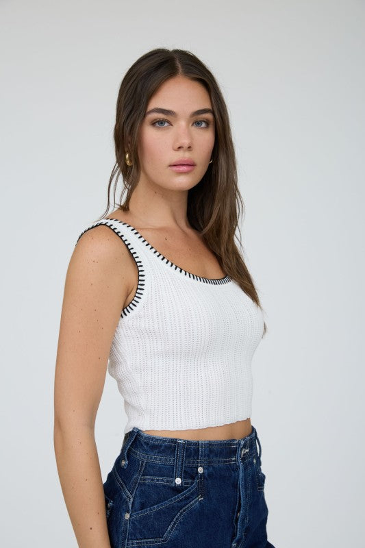 Contrast Crochet Stitch Cropped Tank Top | Ivory