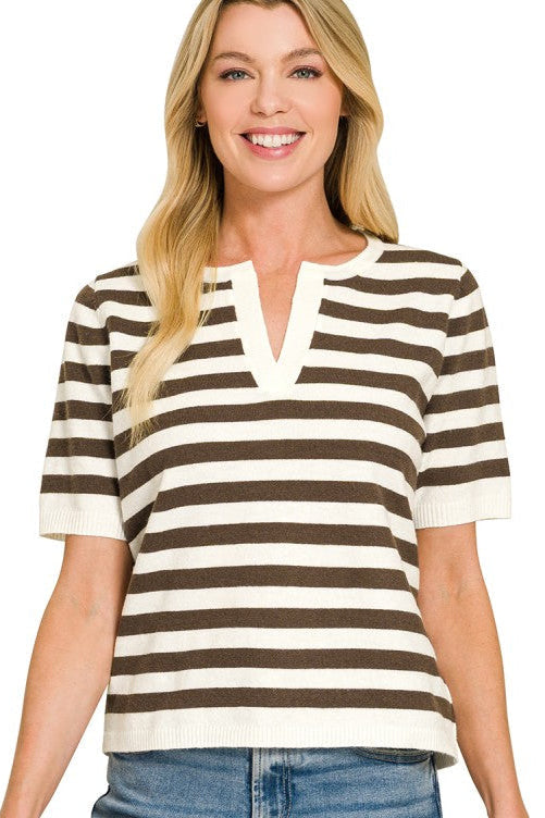 Stripe Split Neck Sweater Top | Brown