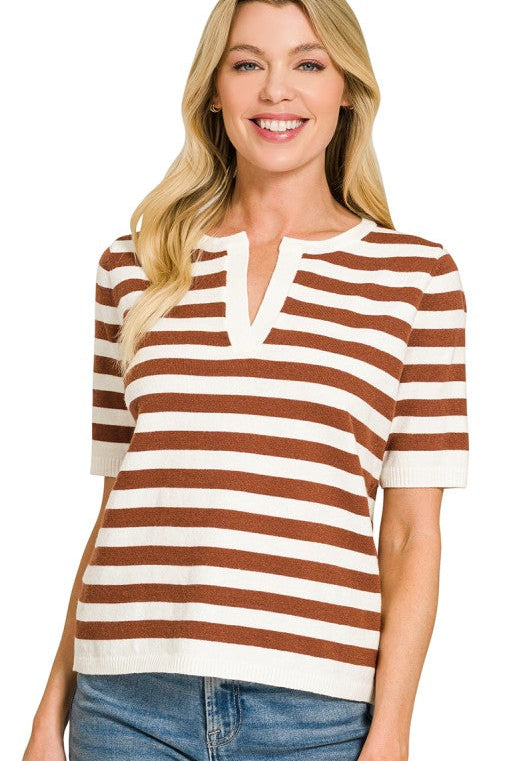 Stripe Split Neck Sweater Top | Rust