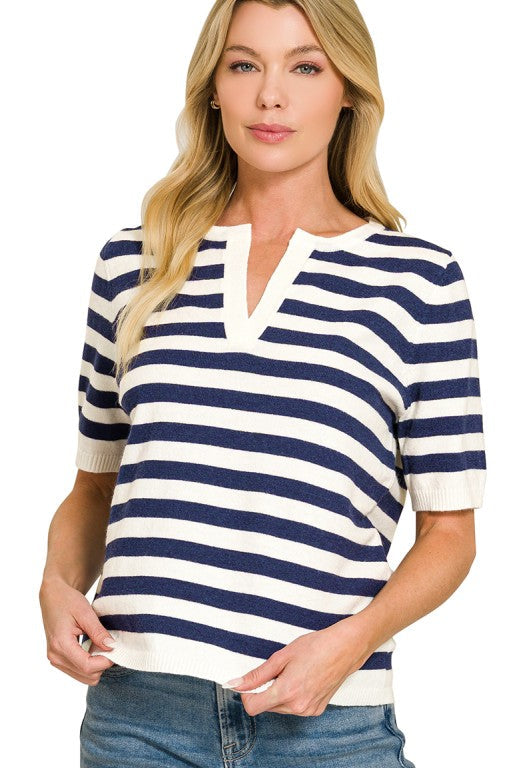 Stripe Split Neck Sweater Top | Navy
