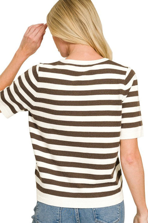 Stripe Split Neck Sweater Top | Brown