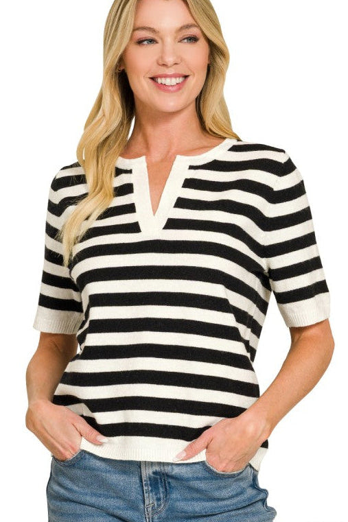 Stripe Split Neck Sweater Top | Black