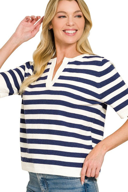 Stripe Split Neck Sweater Top | Navy