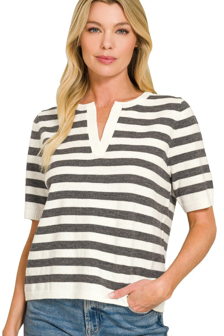 Stripe Split Neck Sweater Top | Charcoal