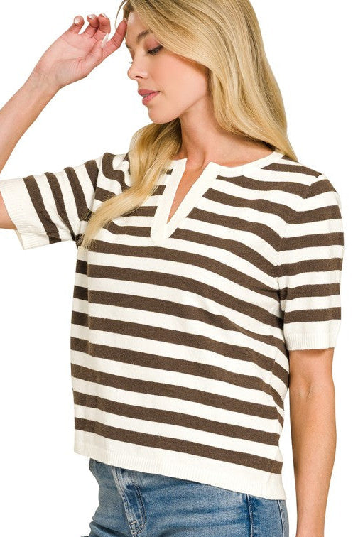 Stripe Split Neck Sweater Top | Brown