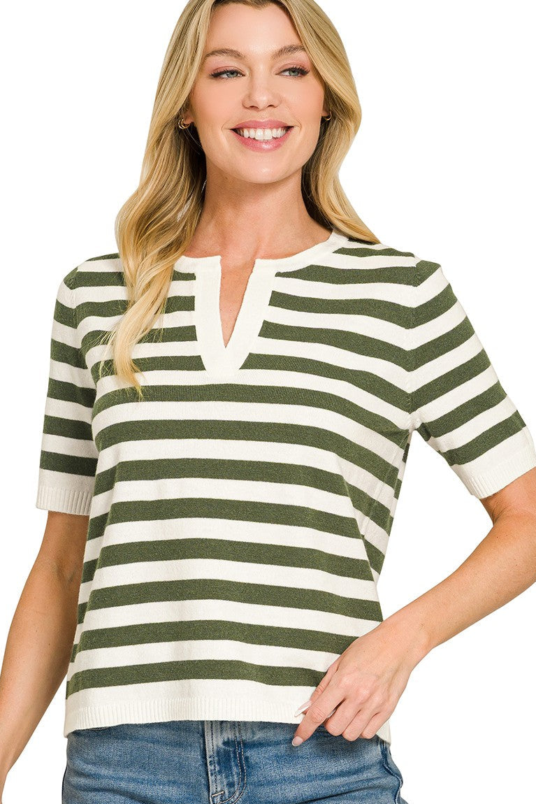 Stripe Split Neck Sweater Top | Olive