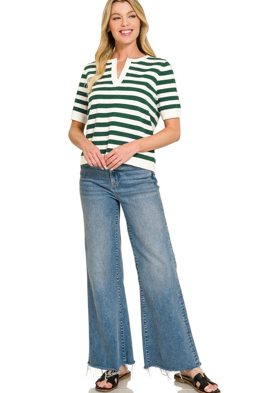 Stripe Split Neck Sweater Top | Hunter Green