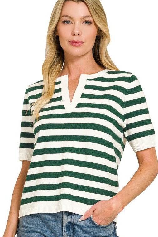 Stripe Split Neck Sweater Top | Hunter Green