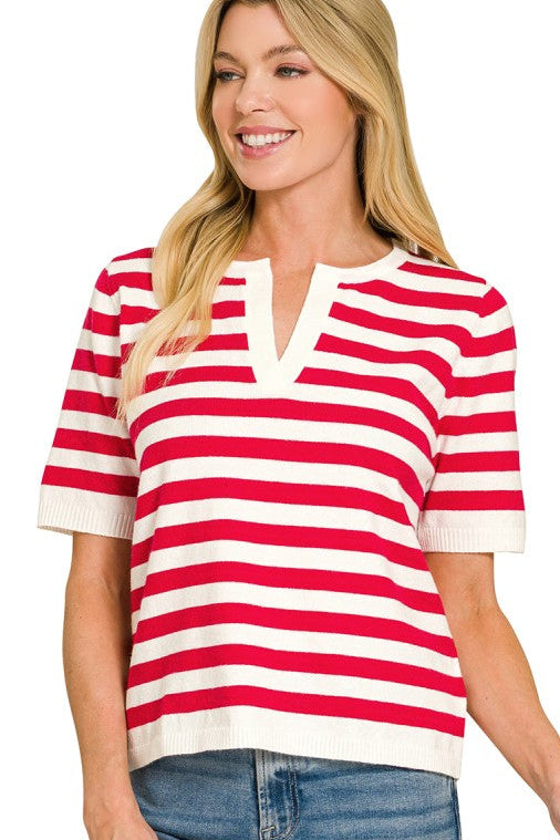 Stripe Split Neck Sweater Top | Red