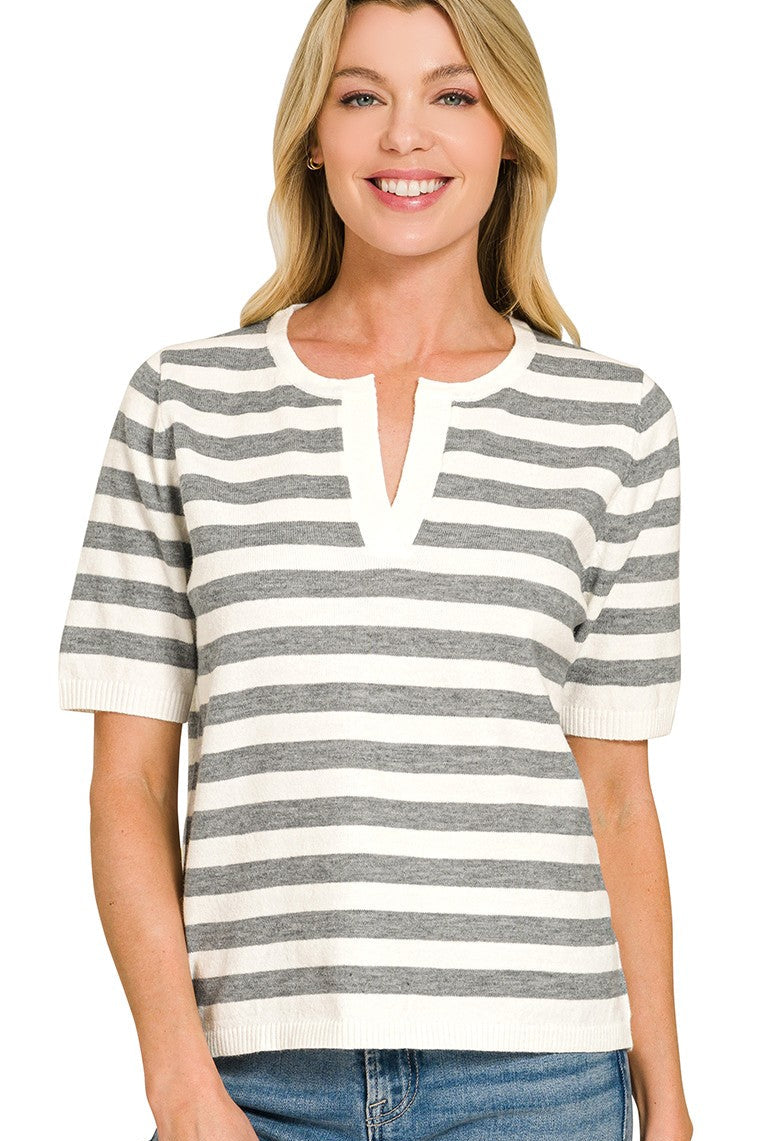 Stripe Split Neck Sweater Top | Heather Grey