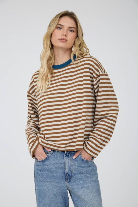 Striped Contrast Trim Boxy Knit Top | Mocha