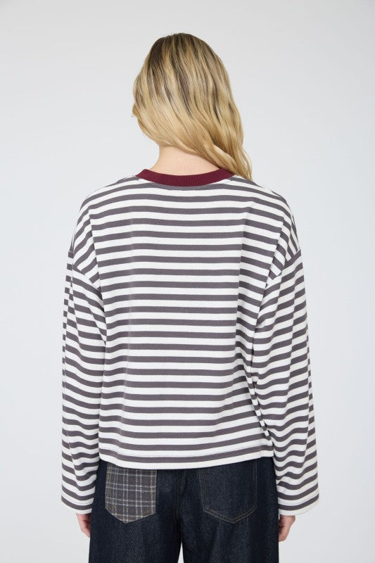 Striped Contrast Trim Boxy Knit Top | Charcoal