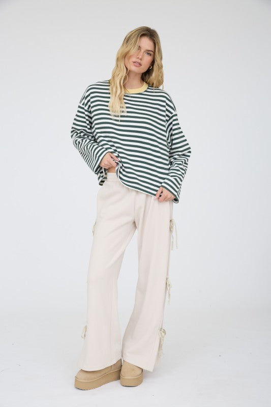 Striped Contrast Trim Boxy Knit Top | Hunter Green