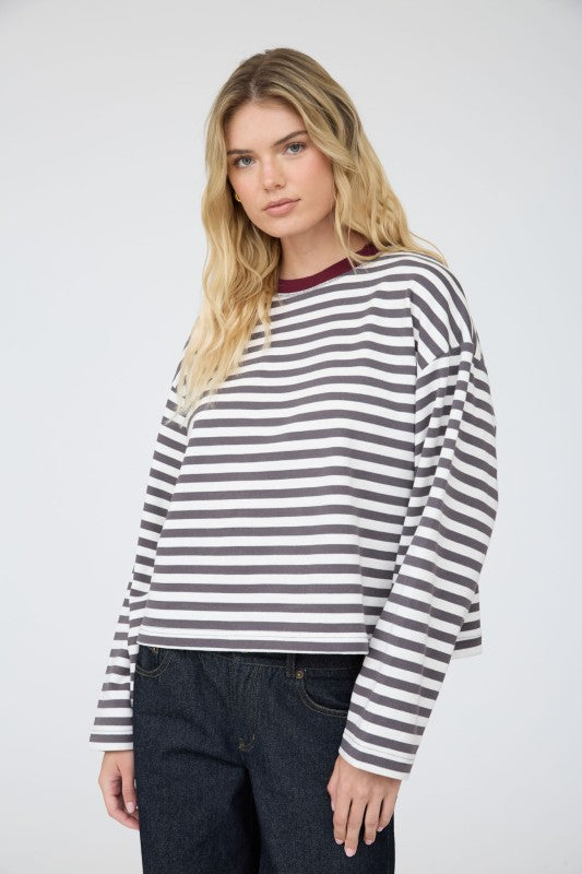 Striped Contrast Trim Boxy Knit Top | Charcoal